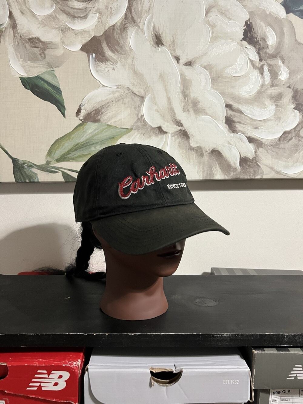 VTG Carhartt Black Baseball Cap Hat Red Embroidered Script Spell Out Since 1889